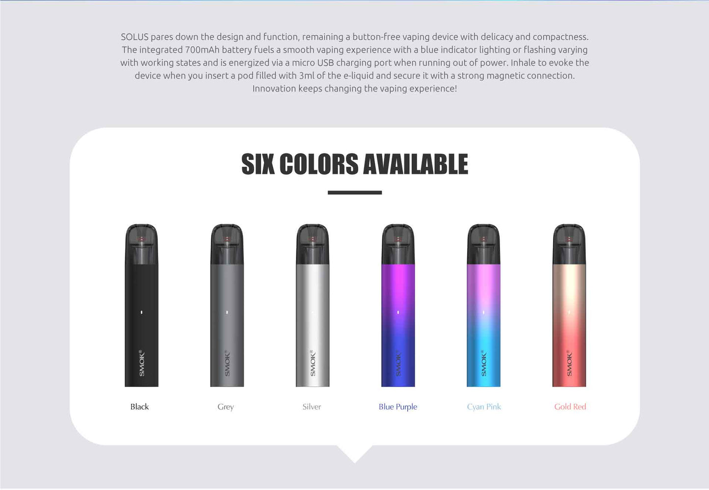 Original SMOK SOLUS Pod Kit 15W 700mAh 2.5ml Cartridge Meshed 0.9ohm Vape Free Shipping