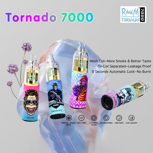 Original RandM Tornado 7000 Puffs Glowing 14ml 1000mAh Vape Kit Device (Free Shipping)