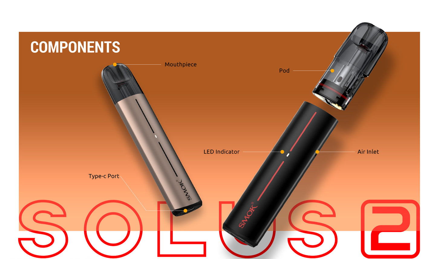 Original SMOK Solus 2 Pod Kit 700mAh Battery 15W With 2.5ML Meshed Pod Cartridge Vaporizer Free Shipping