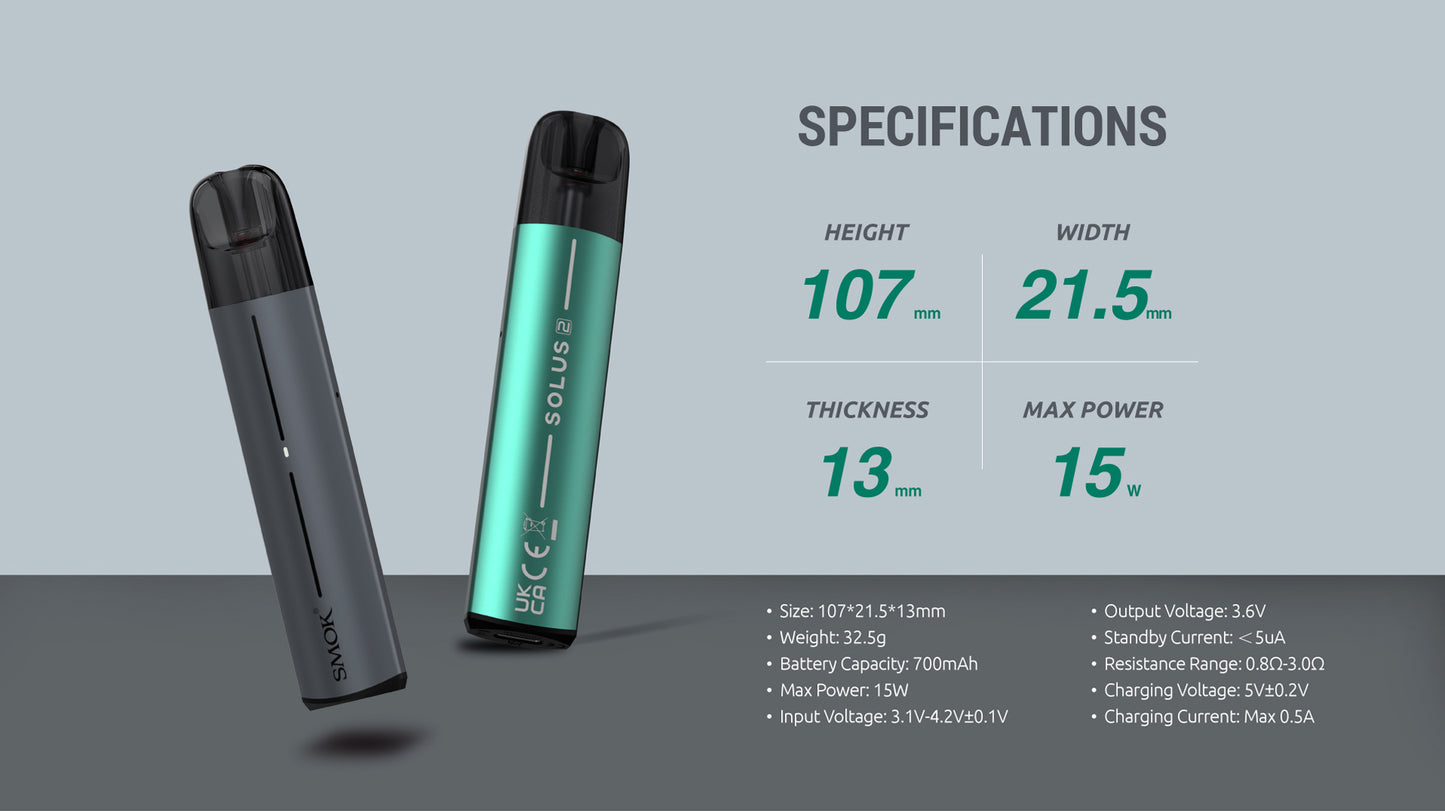 Original SMOK Solus 2 Pod Kit 700mAh Battery 15W With 2.5ML Meshed Pod Cartridge Vaporizer Free Shipping